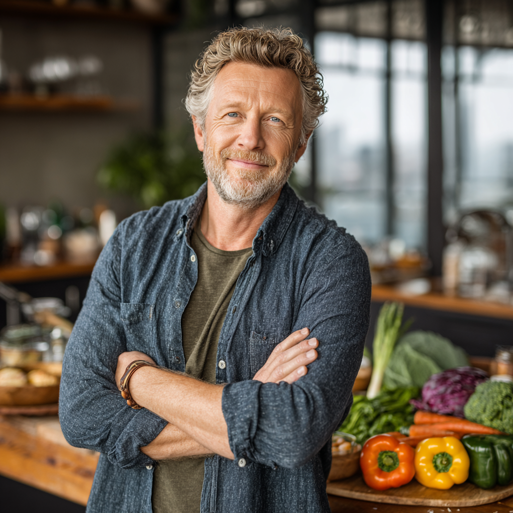 A confident man around 50 years old with a friendly expression, standing in a modern kitchen while preparing a healthy balanced meal with colorful vegetables on the counter, wearing a casual shirt, natural daylight streaming through windows